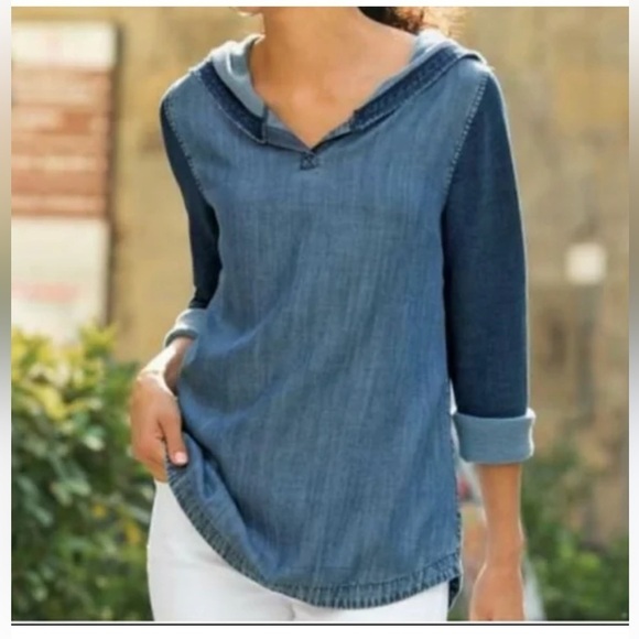Soft Surroundings raw edge denim pullover sz XS - Picture 1 of 6